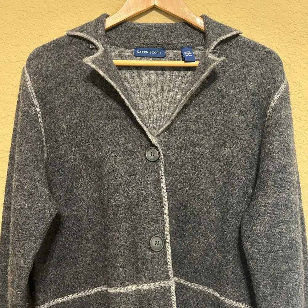 VTG Karen Scott Sweater Coat Coatigan Womens Medium Gray 100% Wool Long Line